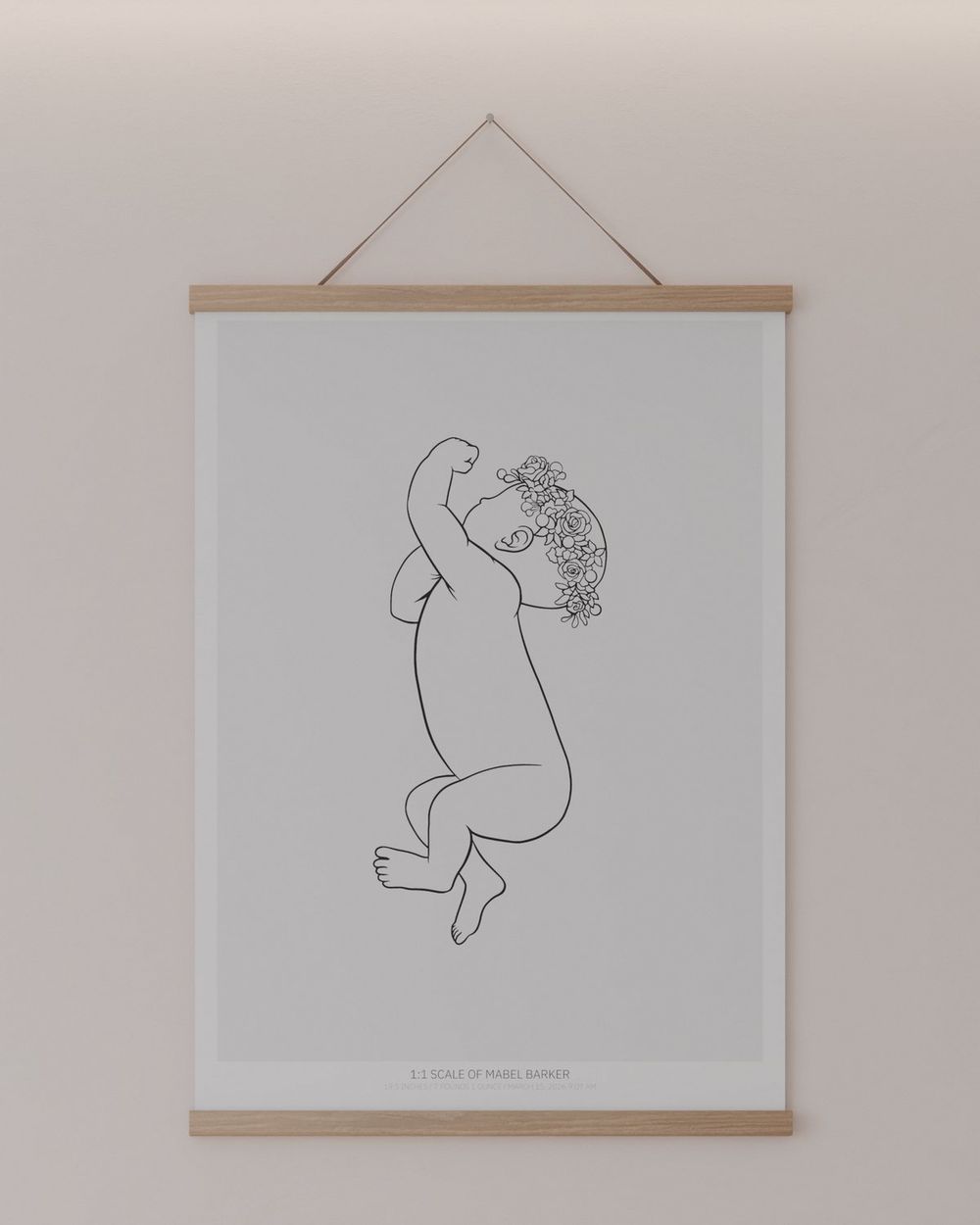A christening or baptism gift with the baby's name and size: Stretching, Cloud, Minimalist, with wreath